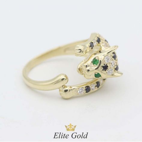 кольцо Пантерас изумрудами и фианитами в лимонном золоте 585