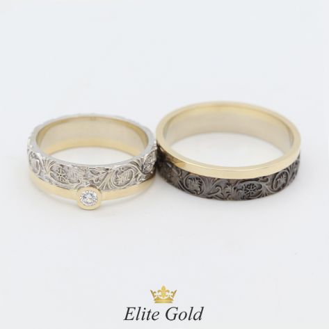 обручальные кольца Verenа в лимонном и белом золоте с чернением