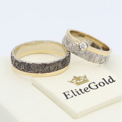 обручальные кольца Verenа в лимонном и белом золоте с чернением