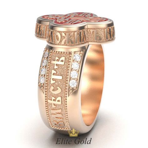 православное кольцо-оберег с резными надписями, узорами и ювелирной эмалью в центре