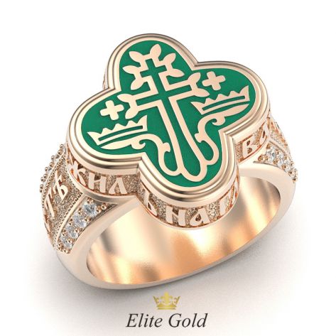 православное кольцо-оберег с резными надписями, узорами и ювелирной эмалью в центре