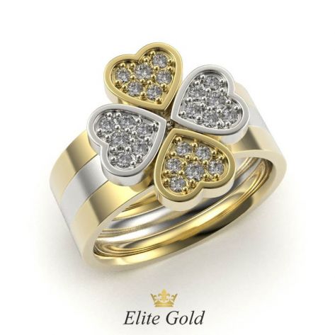 Золотое женское кольцо с сердцами в камнях