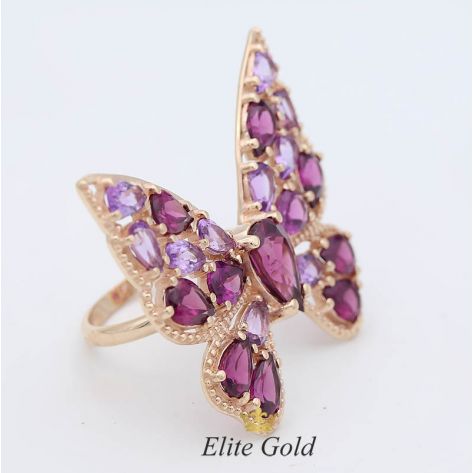 Золотое кольцо Бабочка с родолитами и аметистами в красном золоте 585.