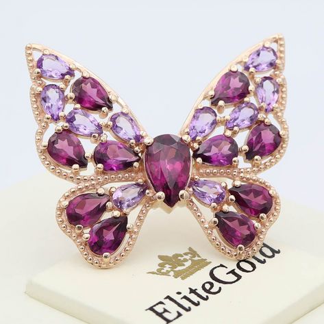 Золотое кольцо Бабочка с родолитами и аметистами в красном золоте 585.