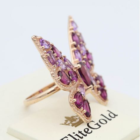 Золотое кольцо Бабочка с родолитами и аметистами в красном золоте 585.