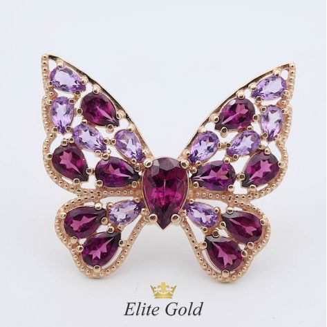 Золотое кольцо Бабочка с родолитами и аметистами в красном золоте 585.