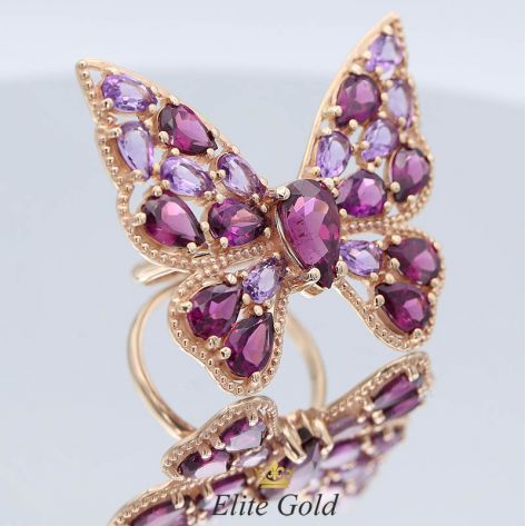 кольцо-бабочка с разноцветными камнями