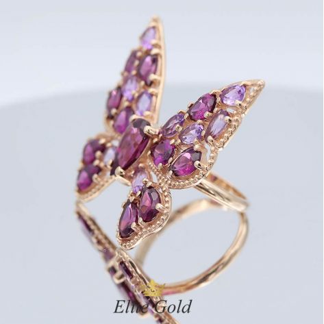 кольцо-бабочка с разноцветными камнями