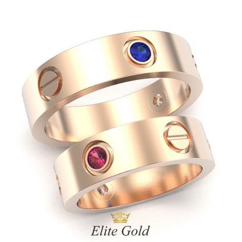 кольца Love в красном золоте с рубинами и сапфирами