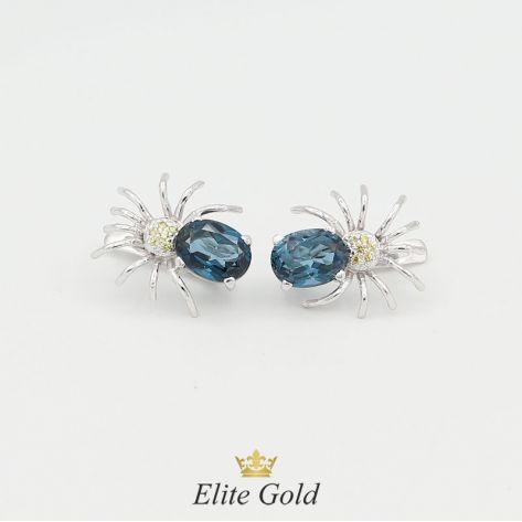 серьги паучки с топазом London Blue и желтыми сапфирами