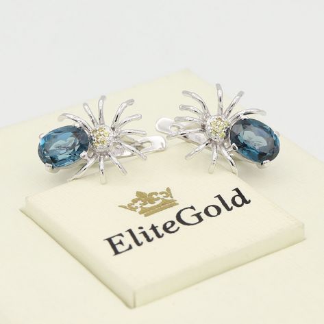 серьги паучки с топазом London Blue и желтыми сапфирами