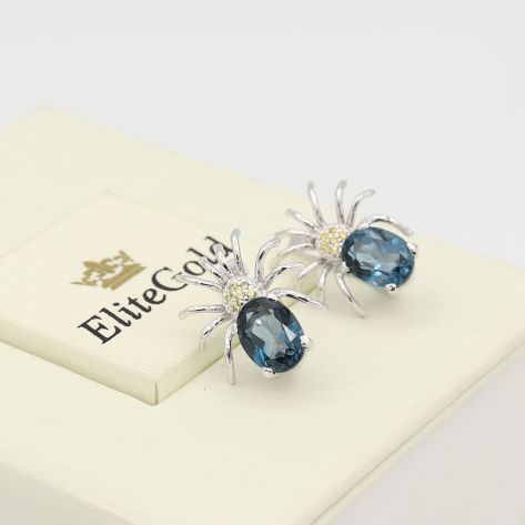 серьги паучки с топазом London Blue и желтыми сапфирами