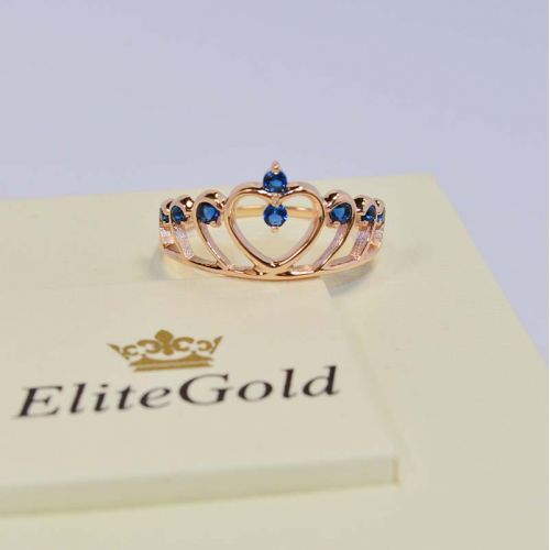кольцо корона с синими камнями в красном золоте