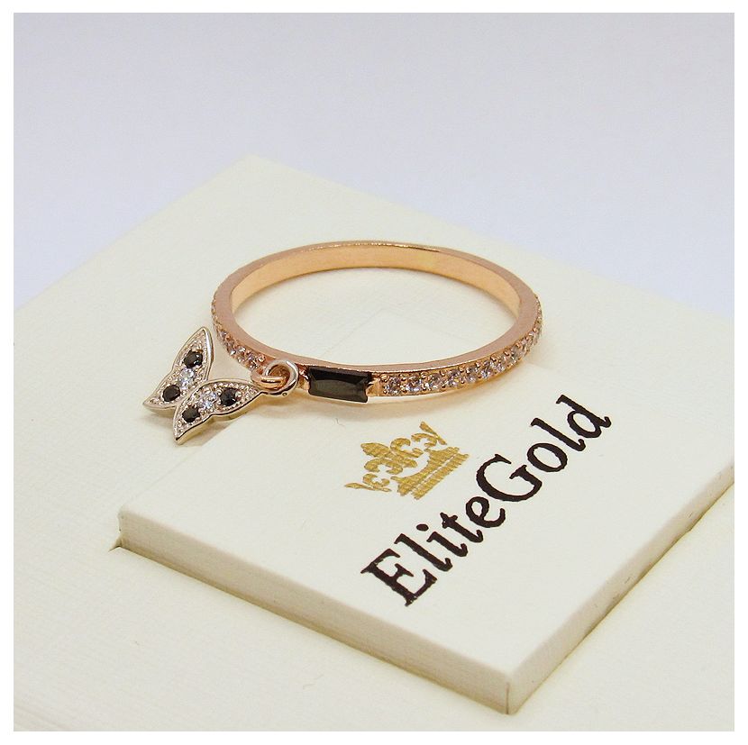 дизайнерское тонкое кольцо в золотой оправе с камнями и бабочкой