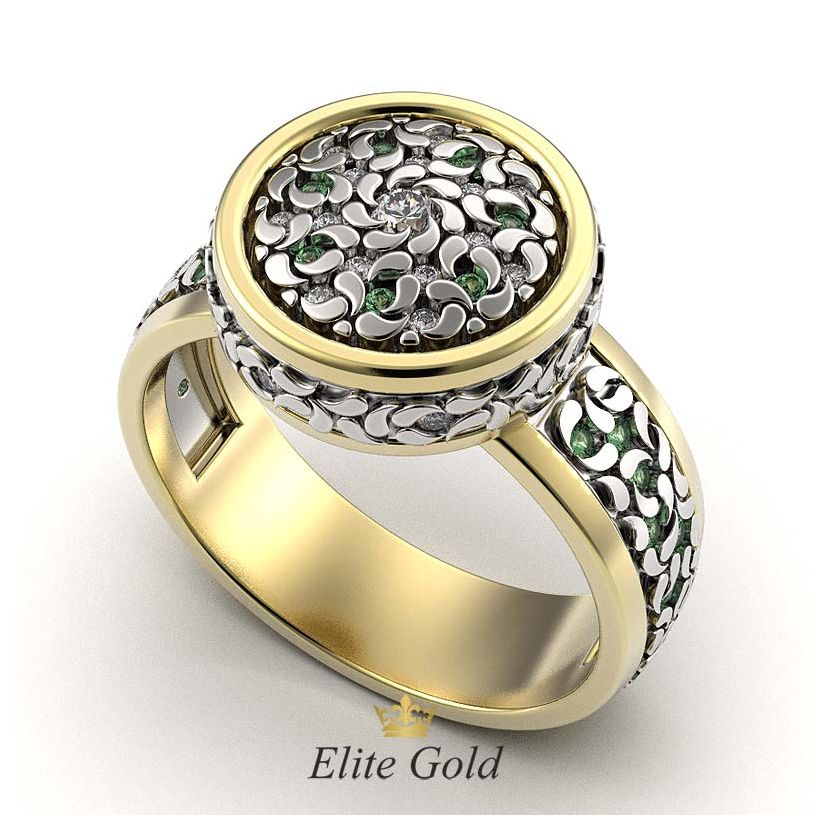 кольцо Fidella в лимонном и белом золоте с зелеными и белыми камнями