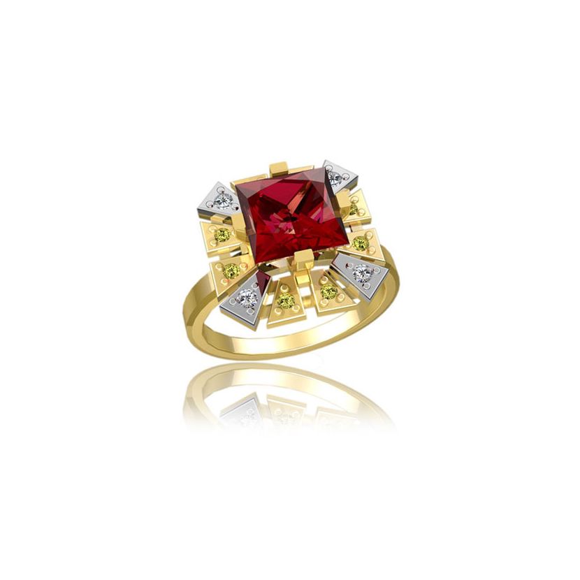 кольцо Quest в двух цветах золота с красным камнем в центре