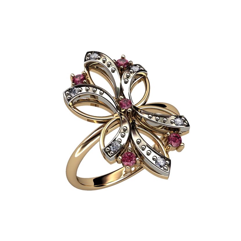 кольцо в виде цветка в красном и белом золоте