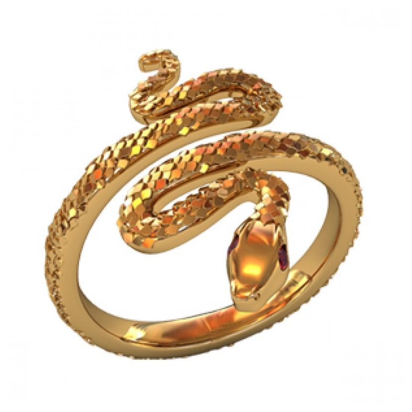 колечко в виде змеи в красном золоте с малиновыми камнями