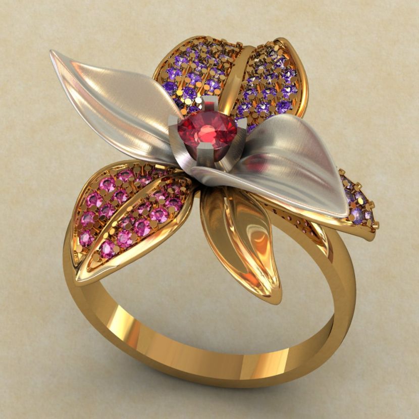 Кольцо женское широкое в виде цветочка с камнями