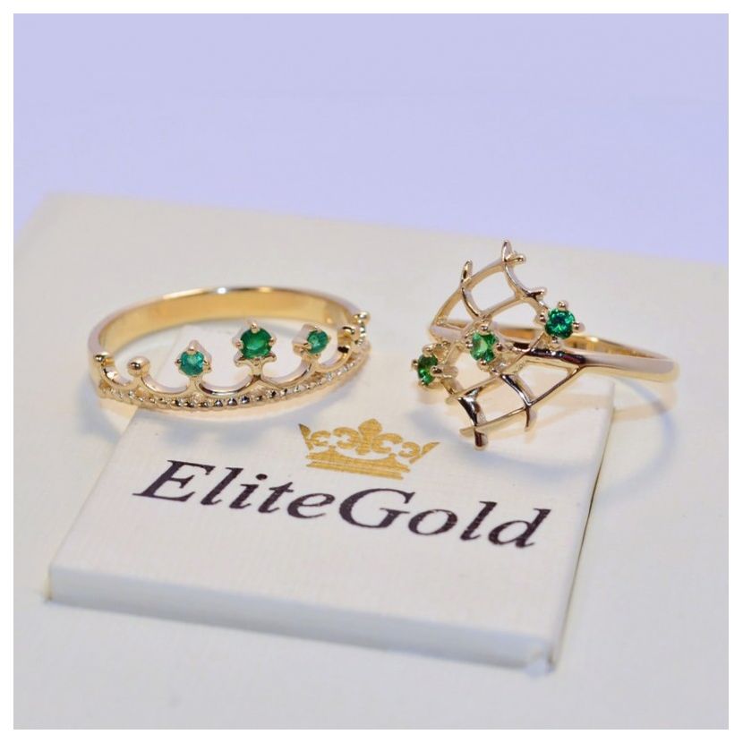 два женских кольца с зелеными камнями корона