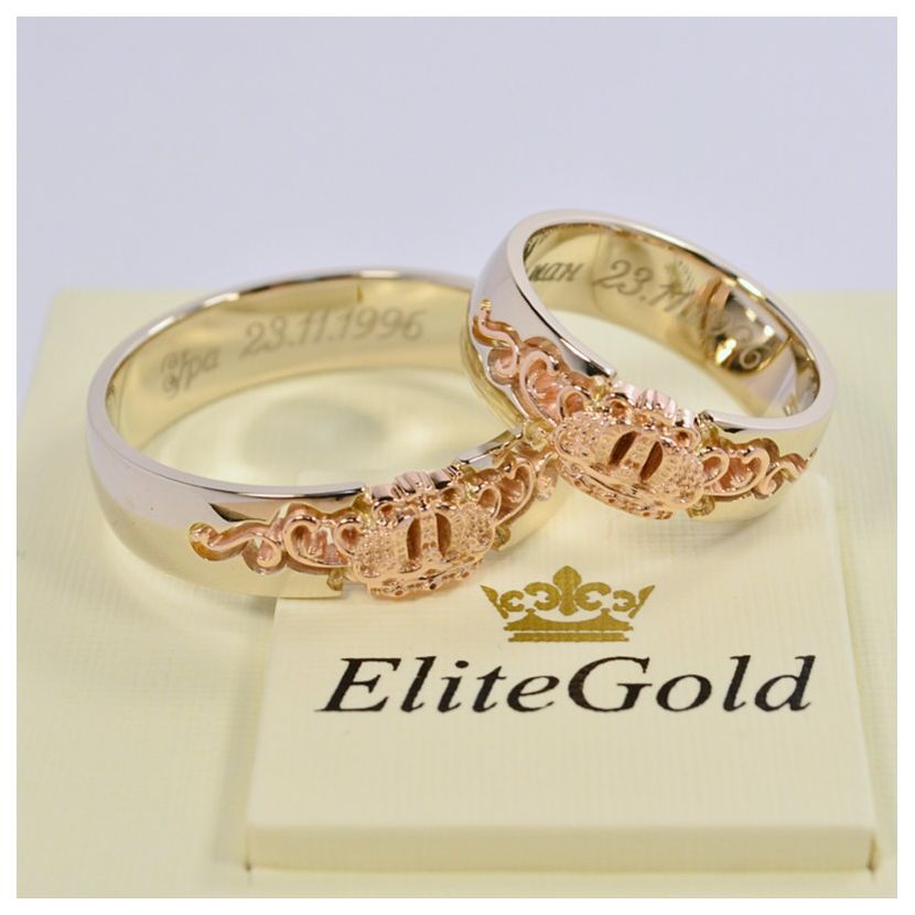 обручальные кольца корона с узорами в красном и белом золоте