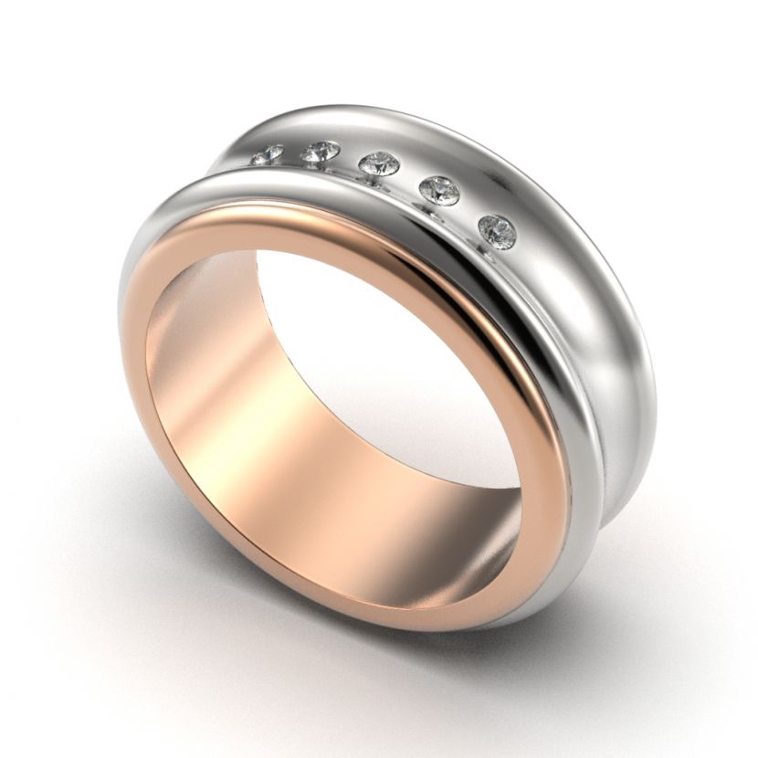 женское авторское кольцо вогнутое в белом и красном золоте