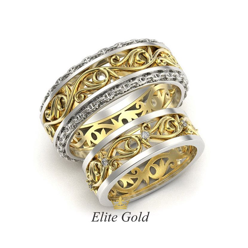 обручальные кольца с орнаментом в комбинированном золоте