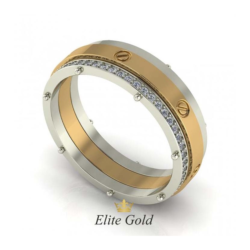 обручальное кольцо в красном и белом золоте с камнями по ободку