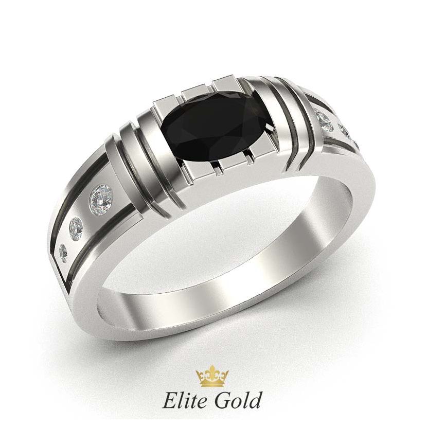 мужский перстень в белом золоте с черным и белыми камнями