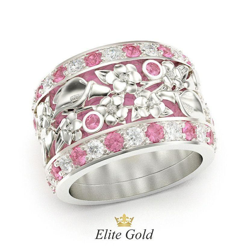кольцо с цветами, розовой эмалью, розовыми и белыми камнями