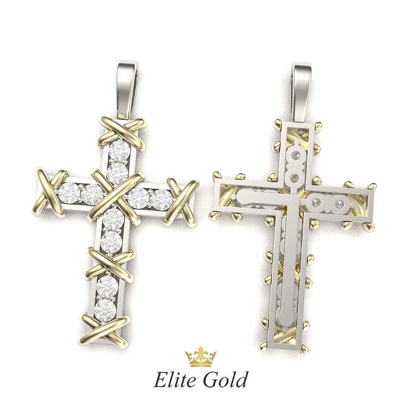 крест Ten Stones в белом и лимонном золоте, вид сзади и спереди