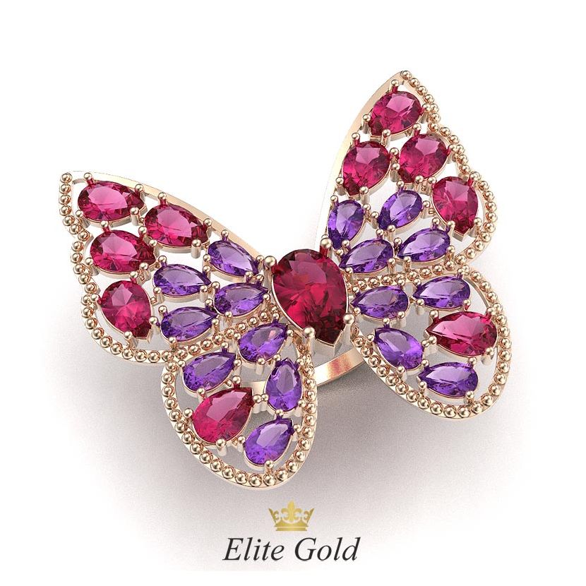 кольцо-бабочка с разноцветными камнями