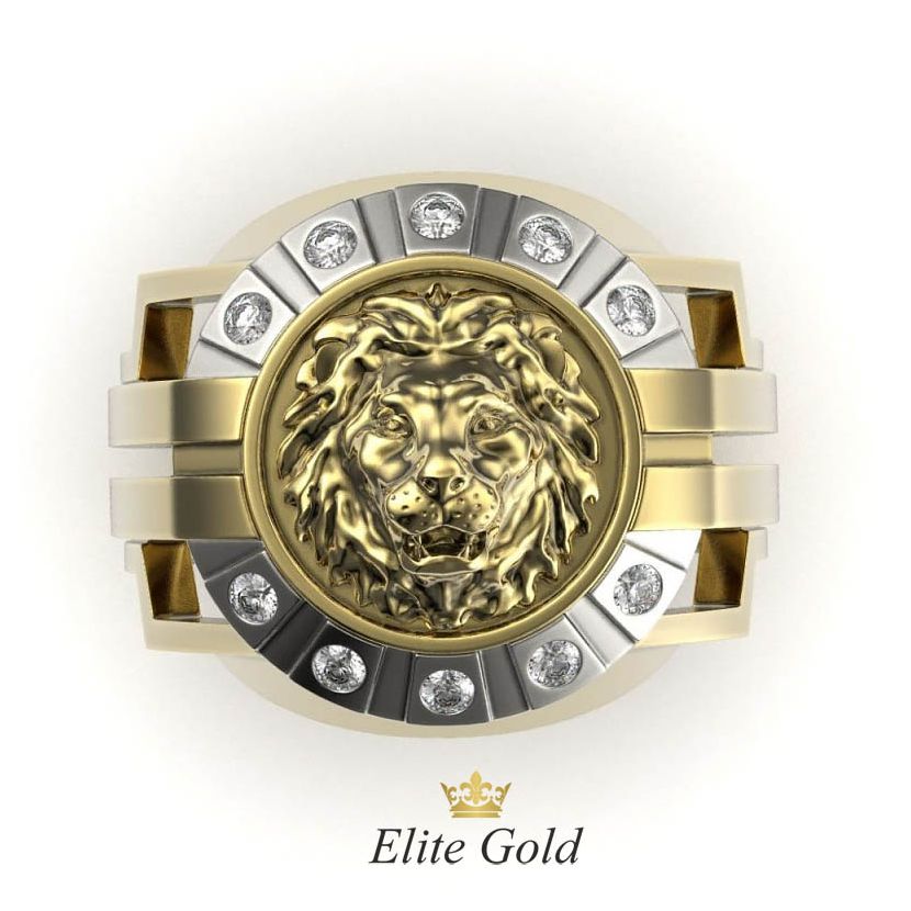 Золотое мужское кольцо с изображением Льва вид сверху