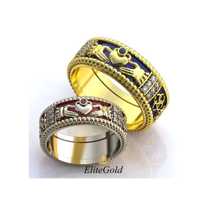 Кладдахские обручальные кольца Volente Deo с резными краями и ювелирной эмалью