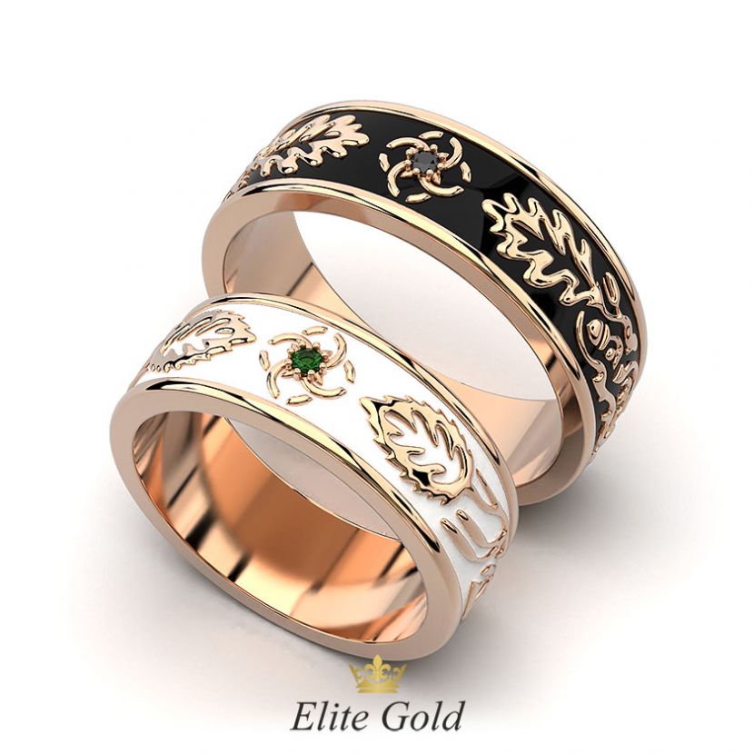 Авторские обручальные кольца Veritas с символом Свадебник и ювелирной эмалью