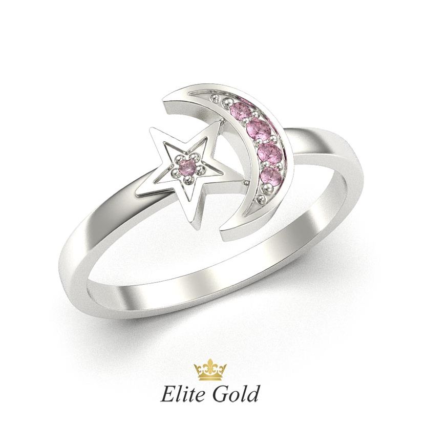 кольцо Estrella в виде луны и звезды в белом золоте