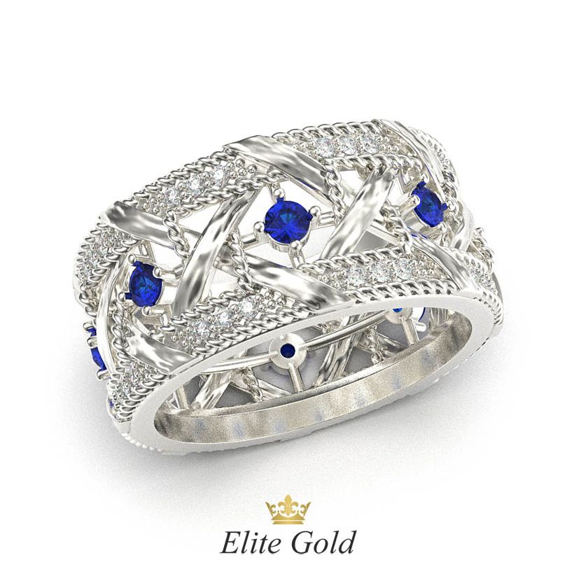 кольцо Marceline в белом золоте с белыми и синими камнями