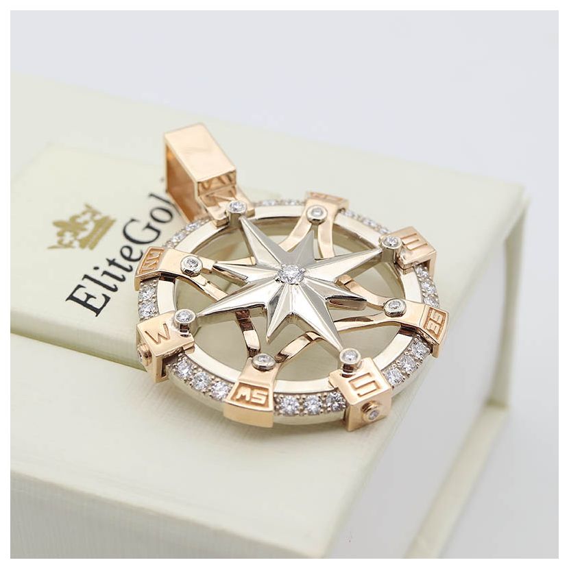 авторский кулон Роза Ветров в белом и красном золоте