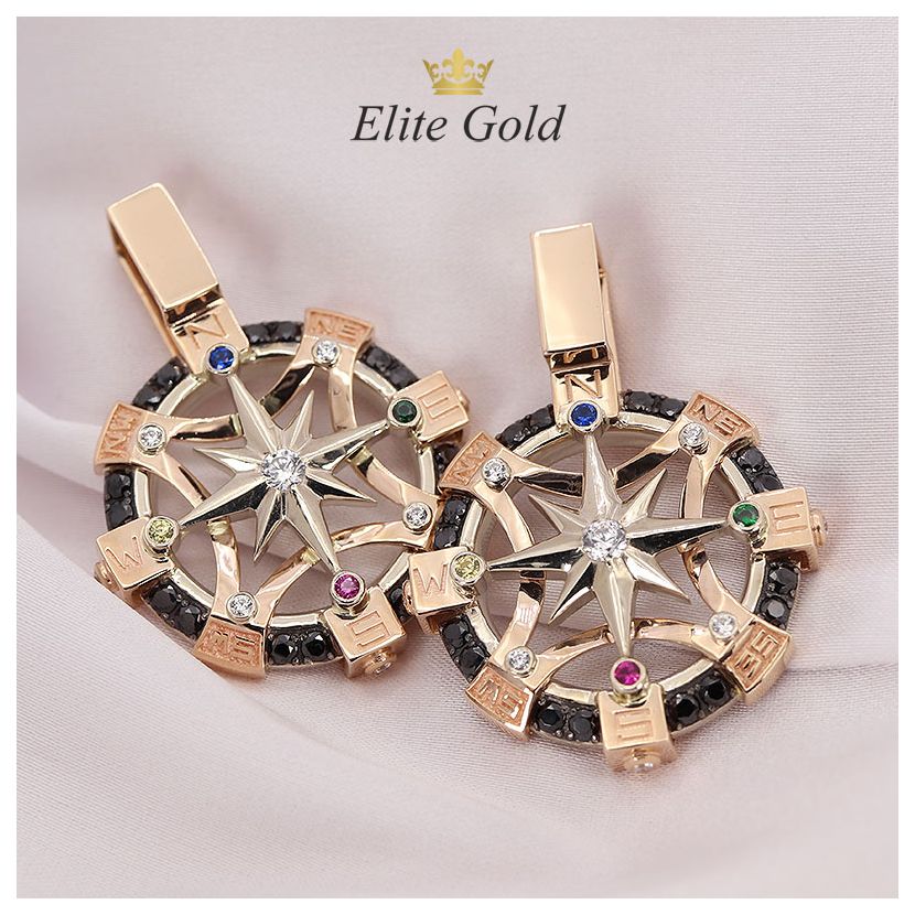 кулон Роза Ветров в комбинированном золоте, с чернением и разноцветными камнями